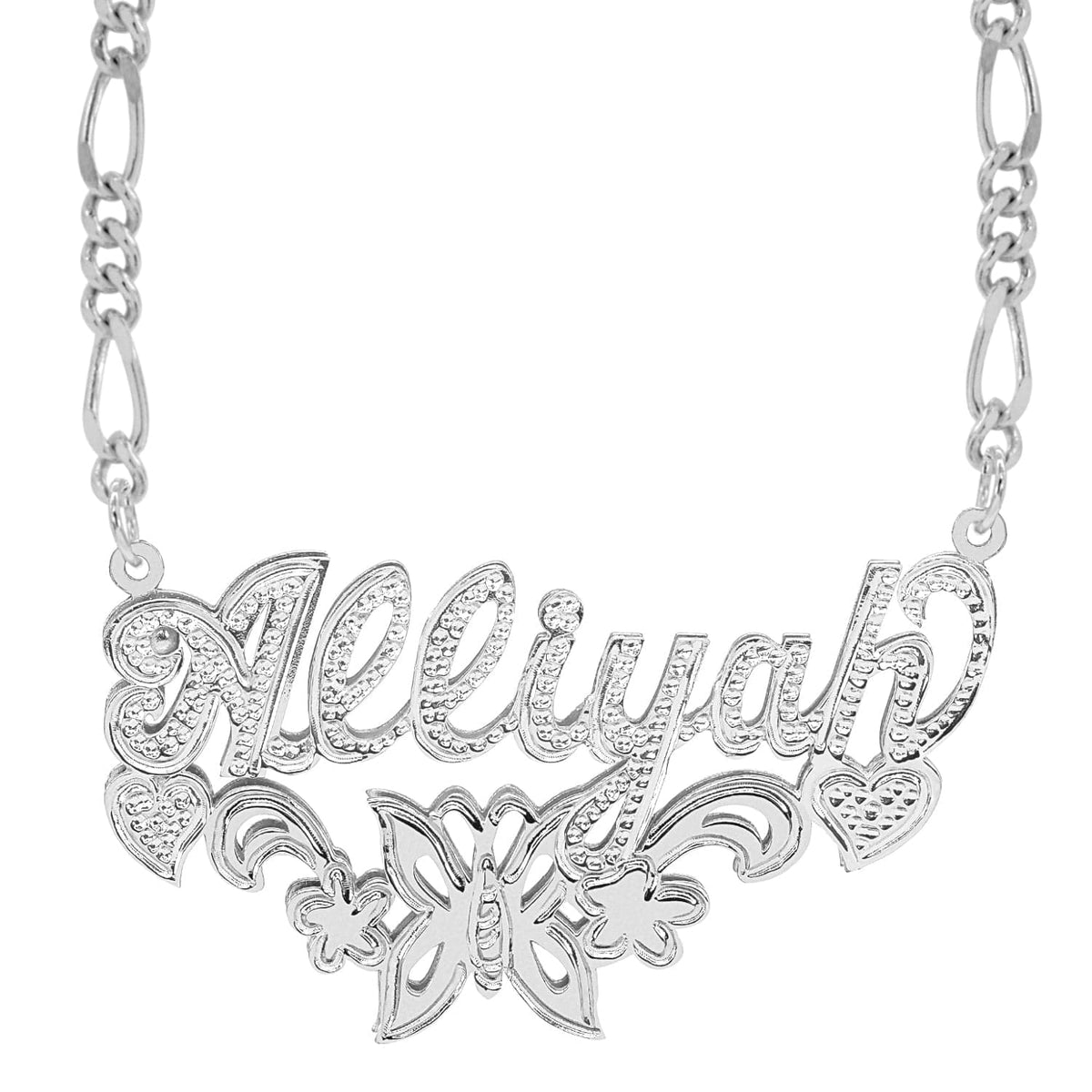 Sterling Silver / Figaro Chain Butterfly Double Plated Name Necklace with Figaro chain