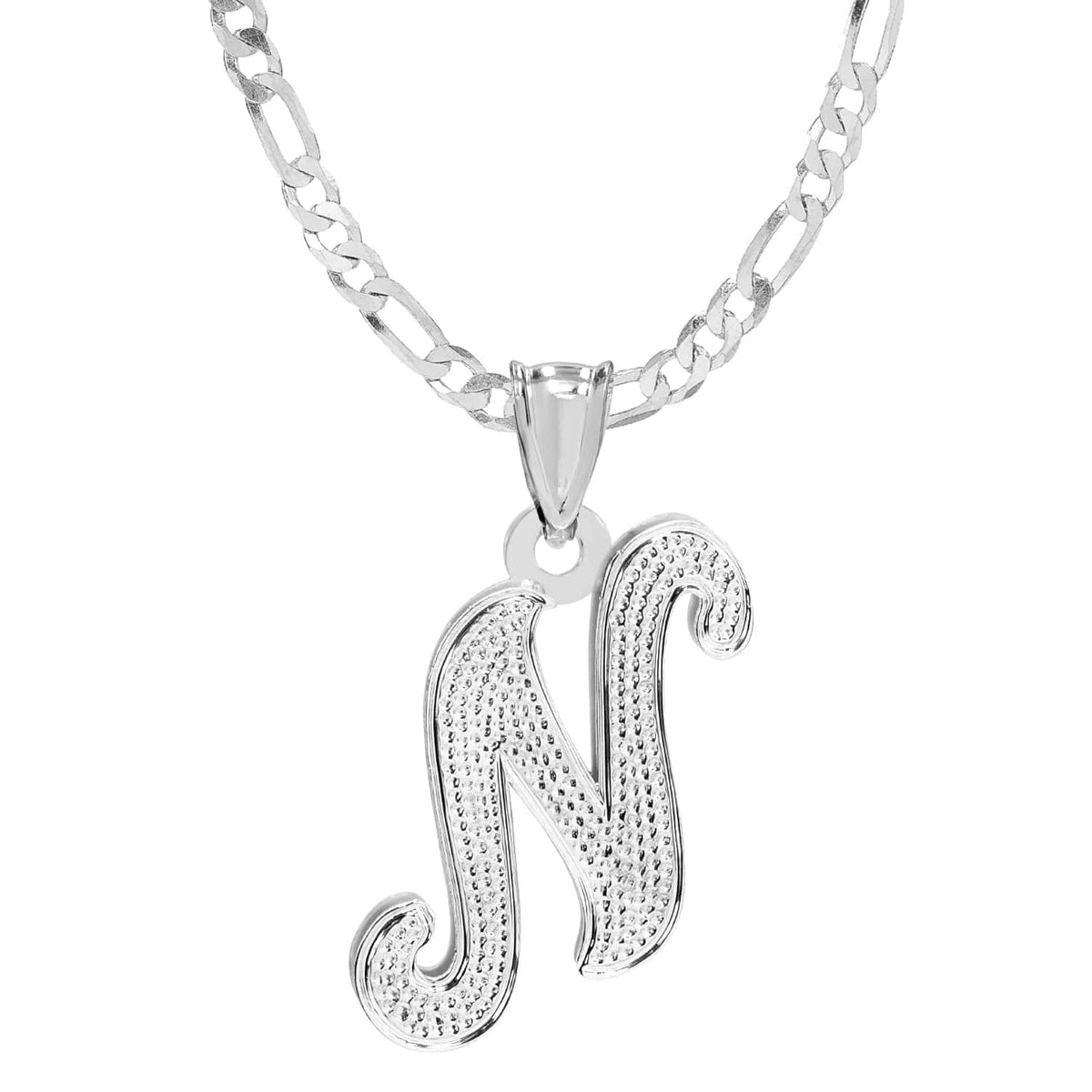 Sterling Silver / Figaro chain Copy of Initial Necklace - Double Plated with Beaded Finish