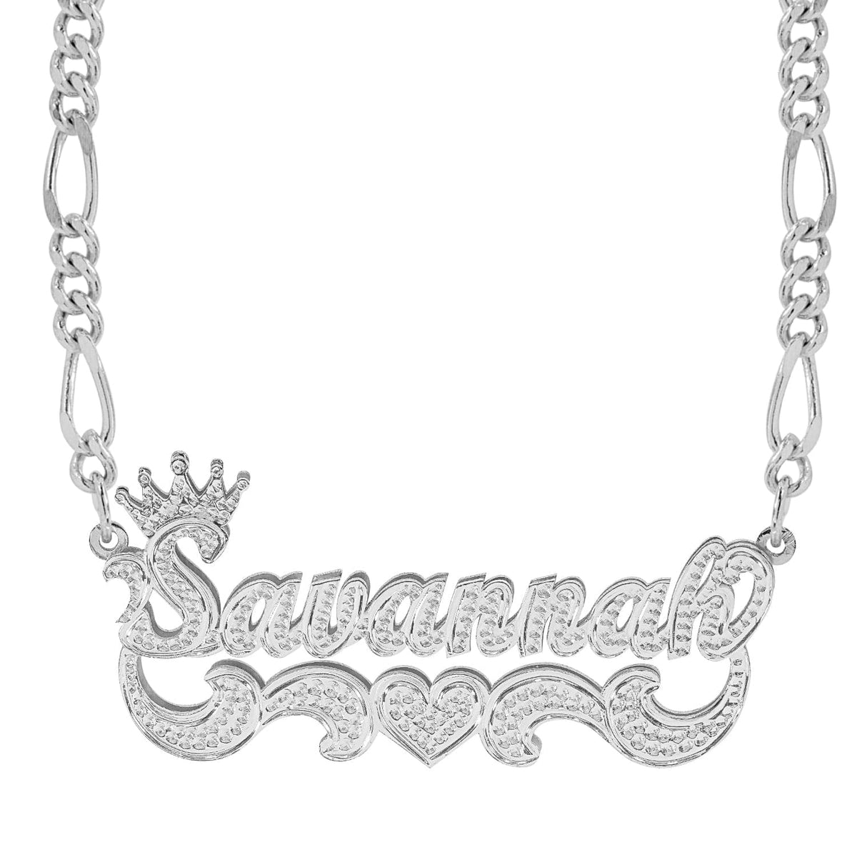 Sterling Silver / Figaro Chain Crown Double Plated Name Necklace &quot;Savannah&quot; with Figaro chain