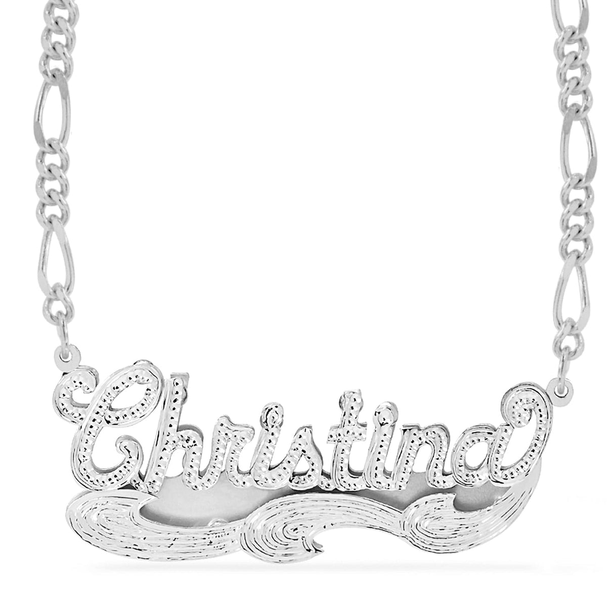 Sterling Silver / Figaro Chain Double Name Necklace w/Beading-Rhodium &quot;Christina&quot;