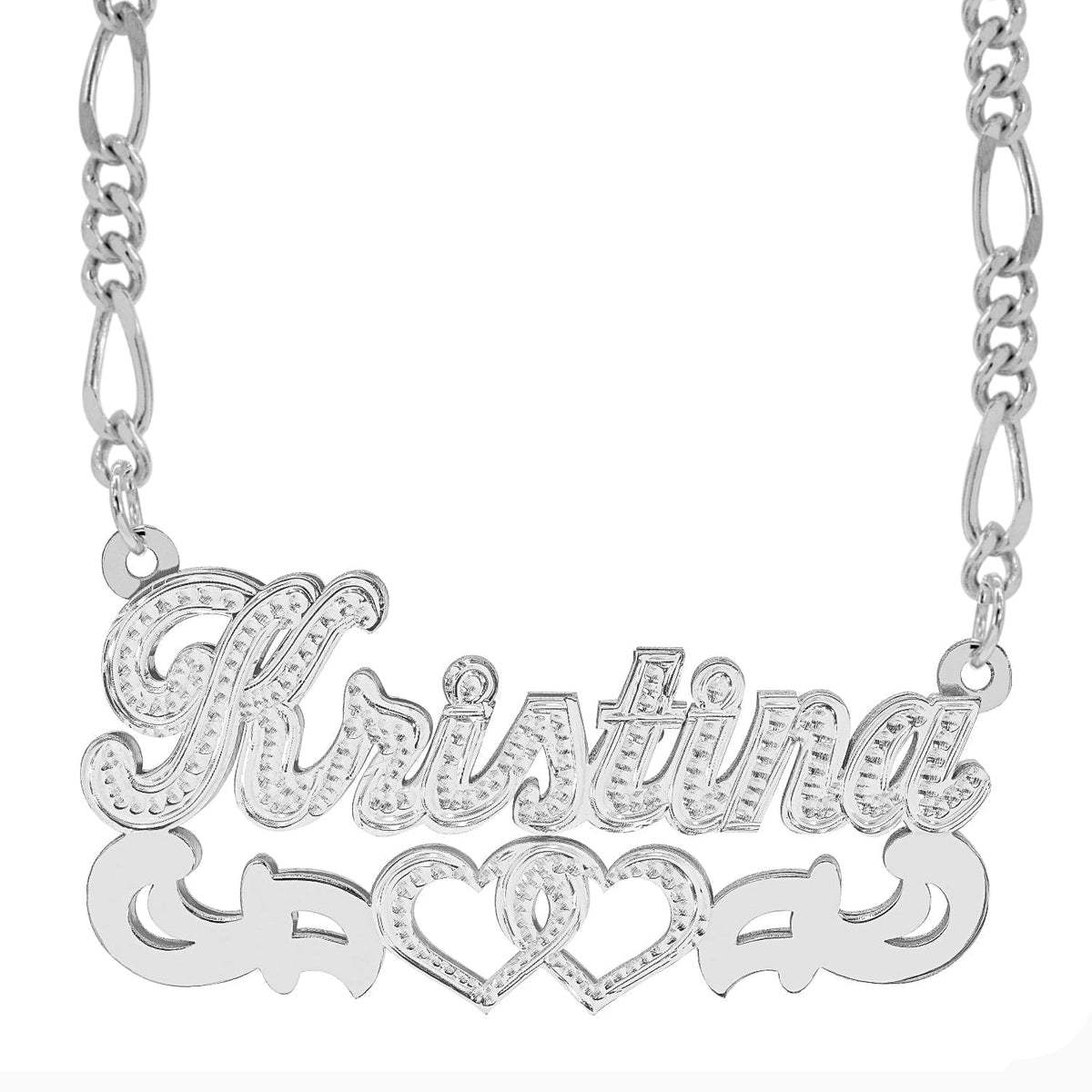 Sterling Silver / Figaro Chain Double Nameplate Necklace &quot;Kristina&quot; with Figaro chain