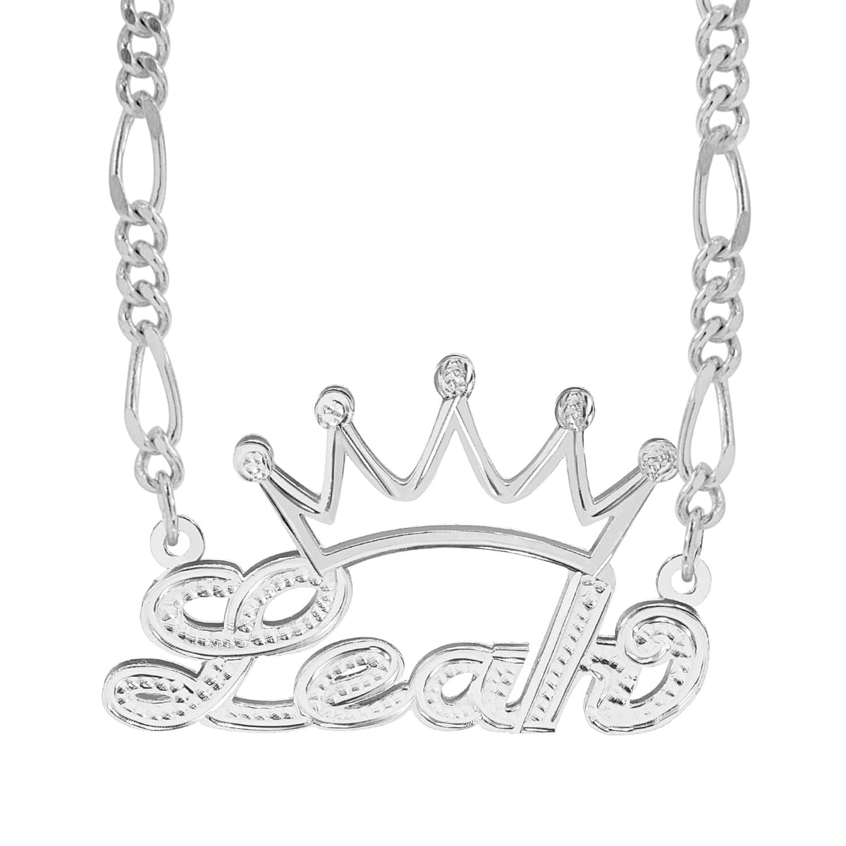 Sterling Silver / Figaro Chain Double Nameplate Necklace with Crown &quot;Leah&quot; with Figaro chain