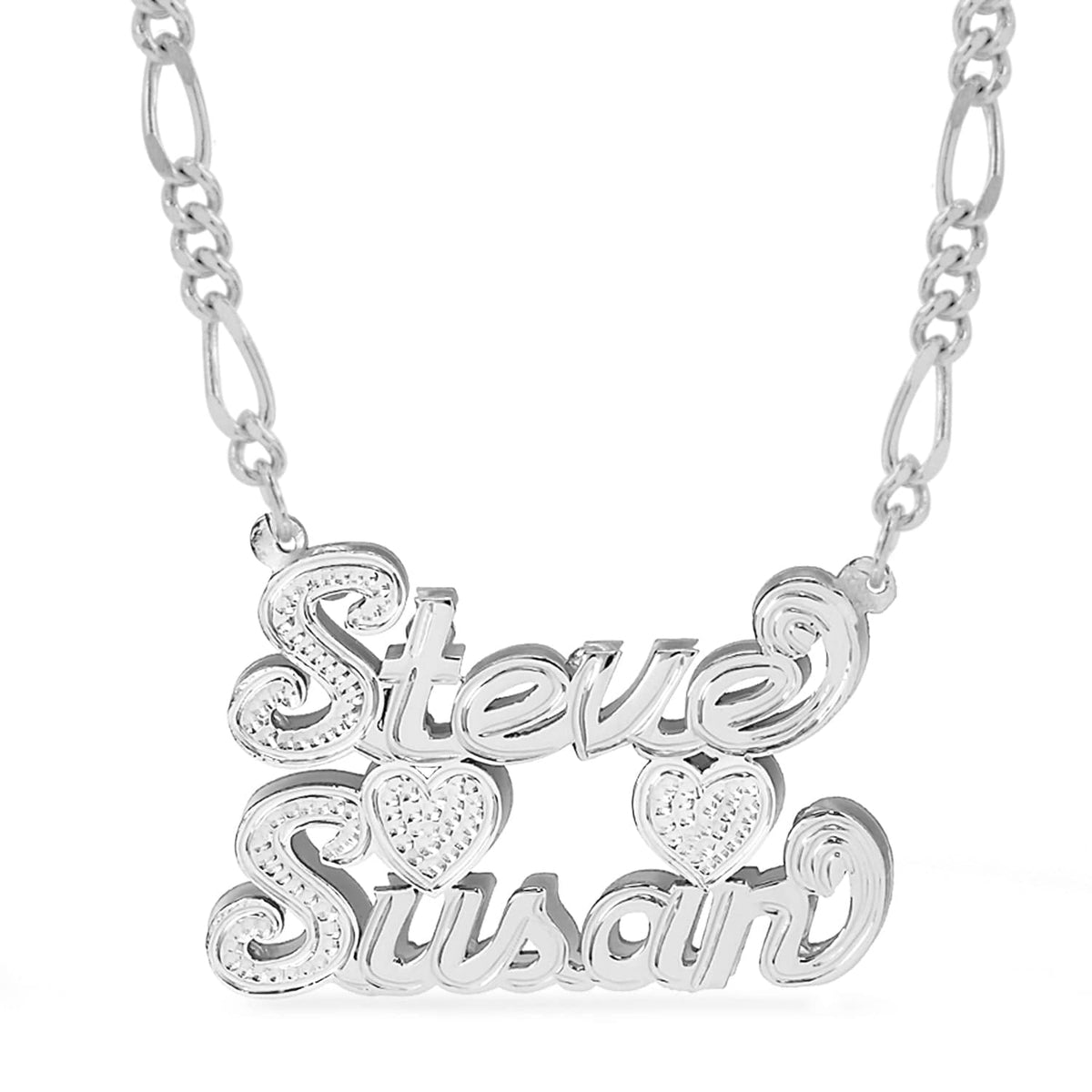 Sterling Silver / Figaro Chain Double Plated Couples Name Necklace with Figaro chain