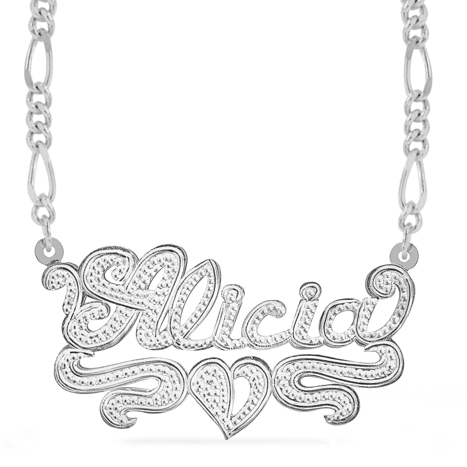 Two-Tone. Sterling Silver / Figaro chain Copy of Custom Double Plated Name Necklace "Alicia"