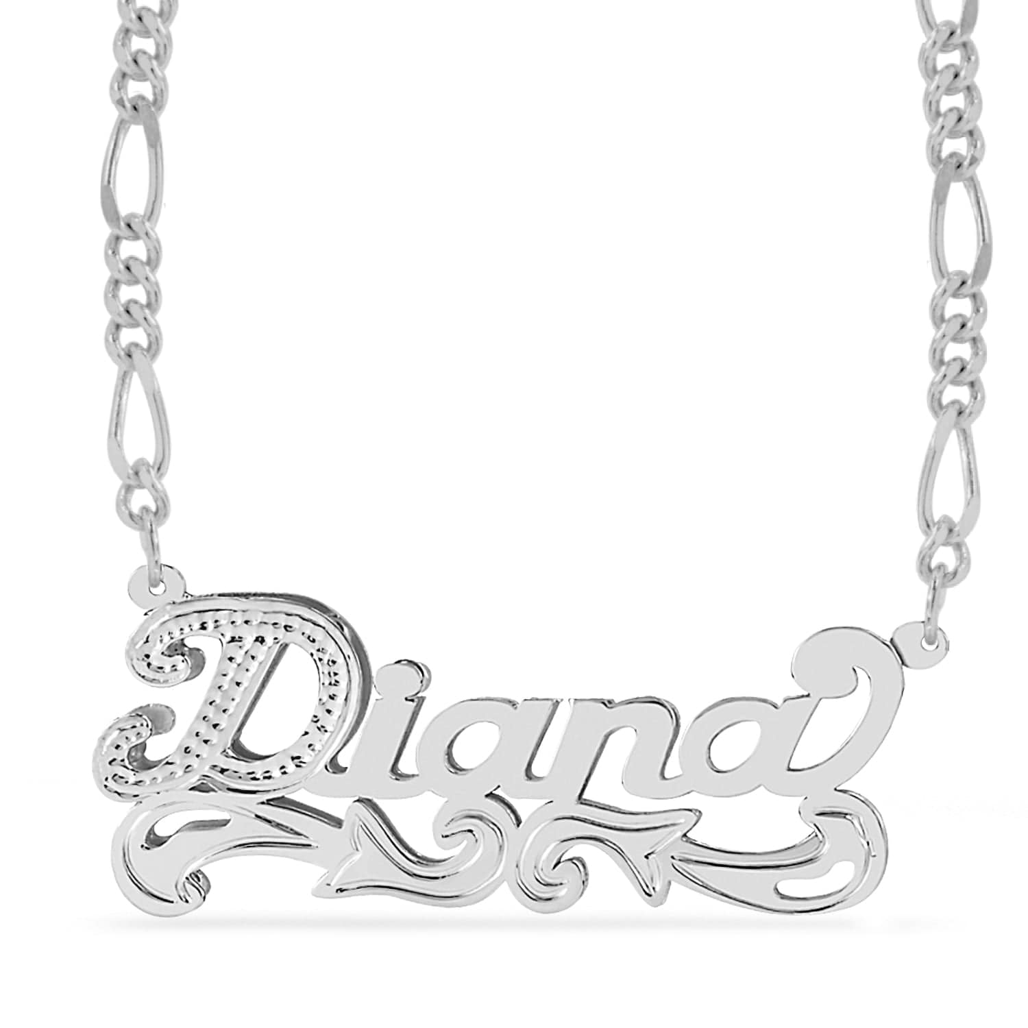 Two-Tone. Sterling Silver / Figaro Chain Double Plated Nameplate Necklace "Diana" with Figaro chain