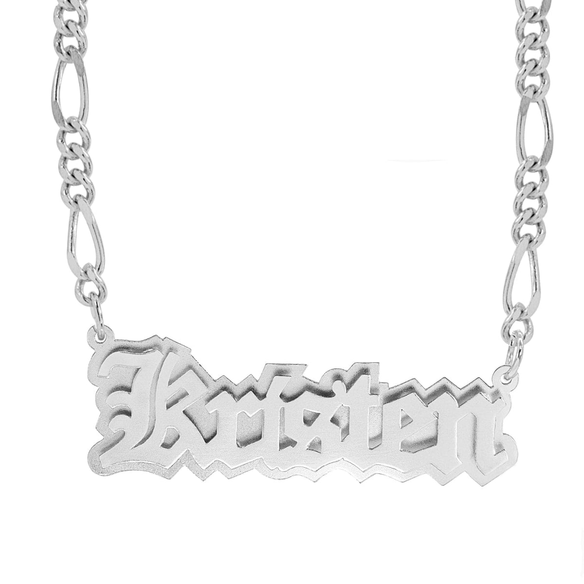 Sterling Silver / Figaro Chain Double Plated Nameplate Necklace &quot;Kristen&quot; With Figaro Chain