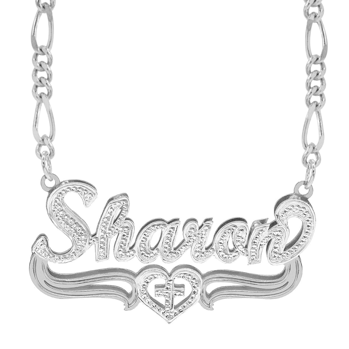 Sterling Silver / Figaro Chain Double Plated Nameplate Necklace &quot;Sharon&quot; with Figaro chain