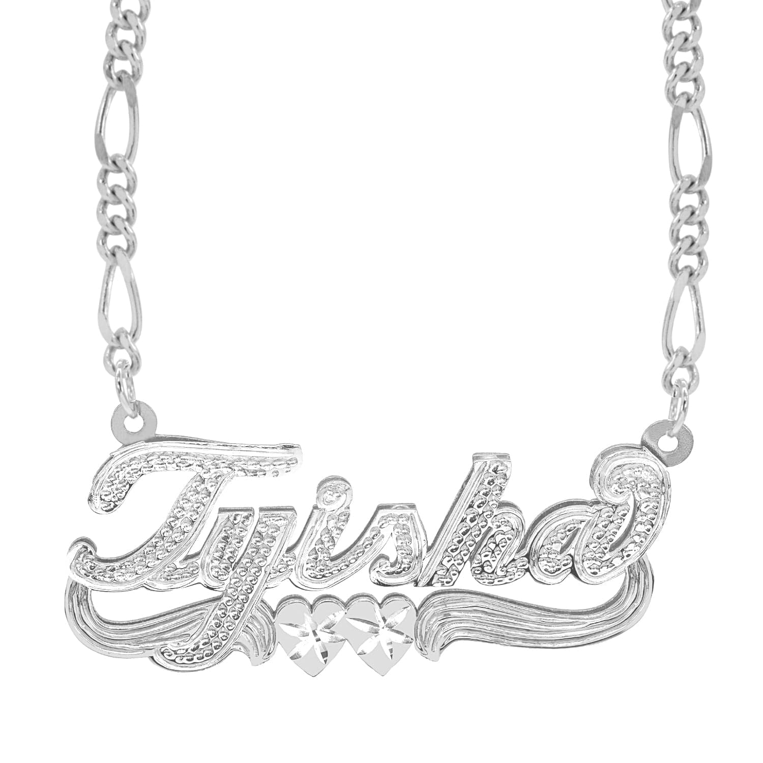 14k Gold over Sterling Silver / Figaro Chain Double Script Name Plate With Beading "Tyisha" with Figaro chain