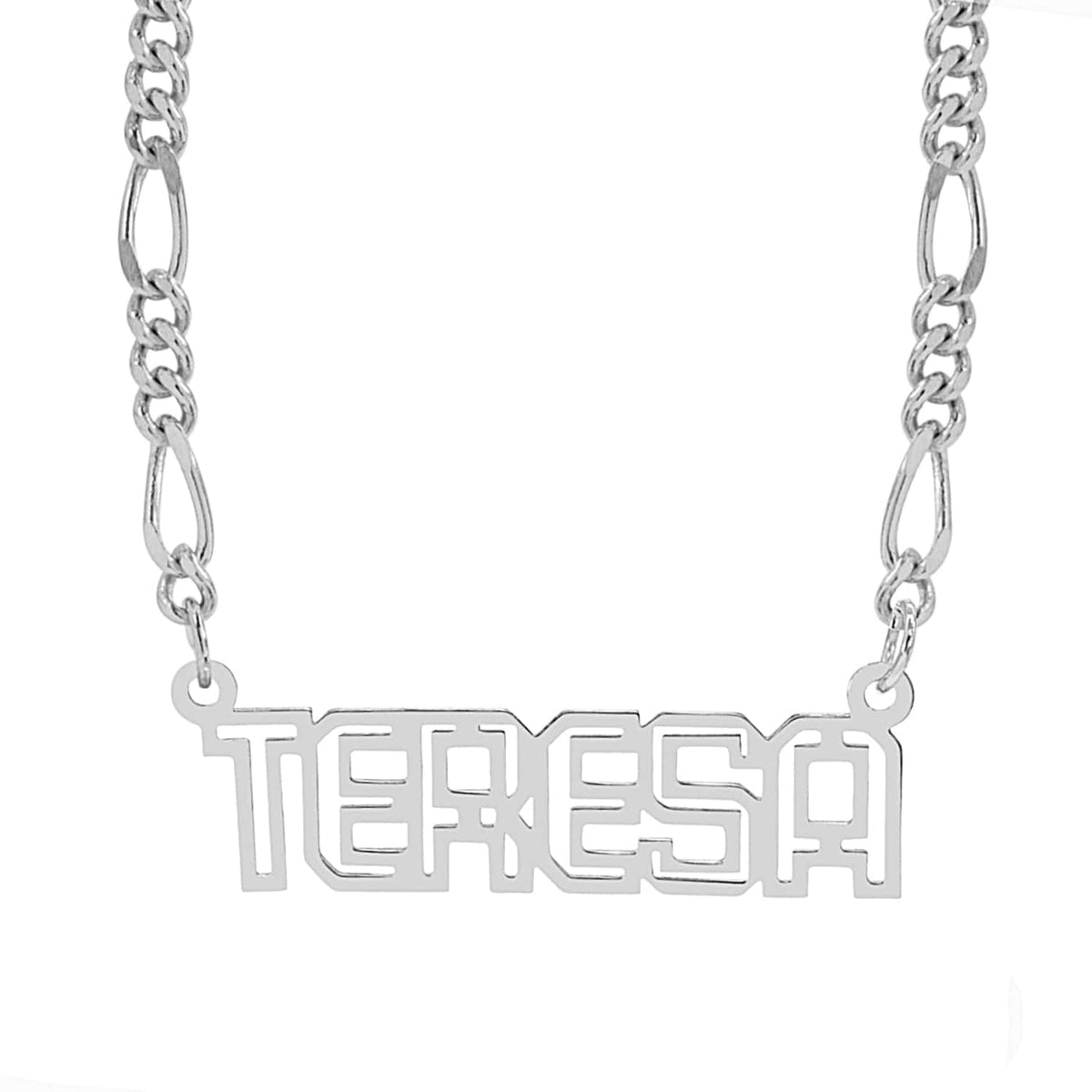 Sterling Silver / Figaro Chain Personalized Outline Block Nameplate Necklace