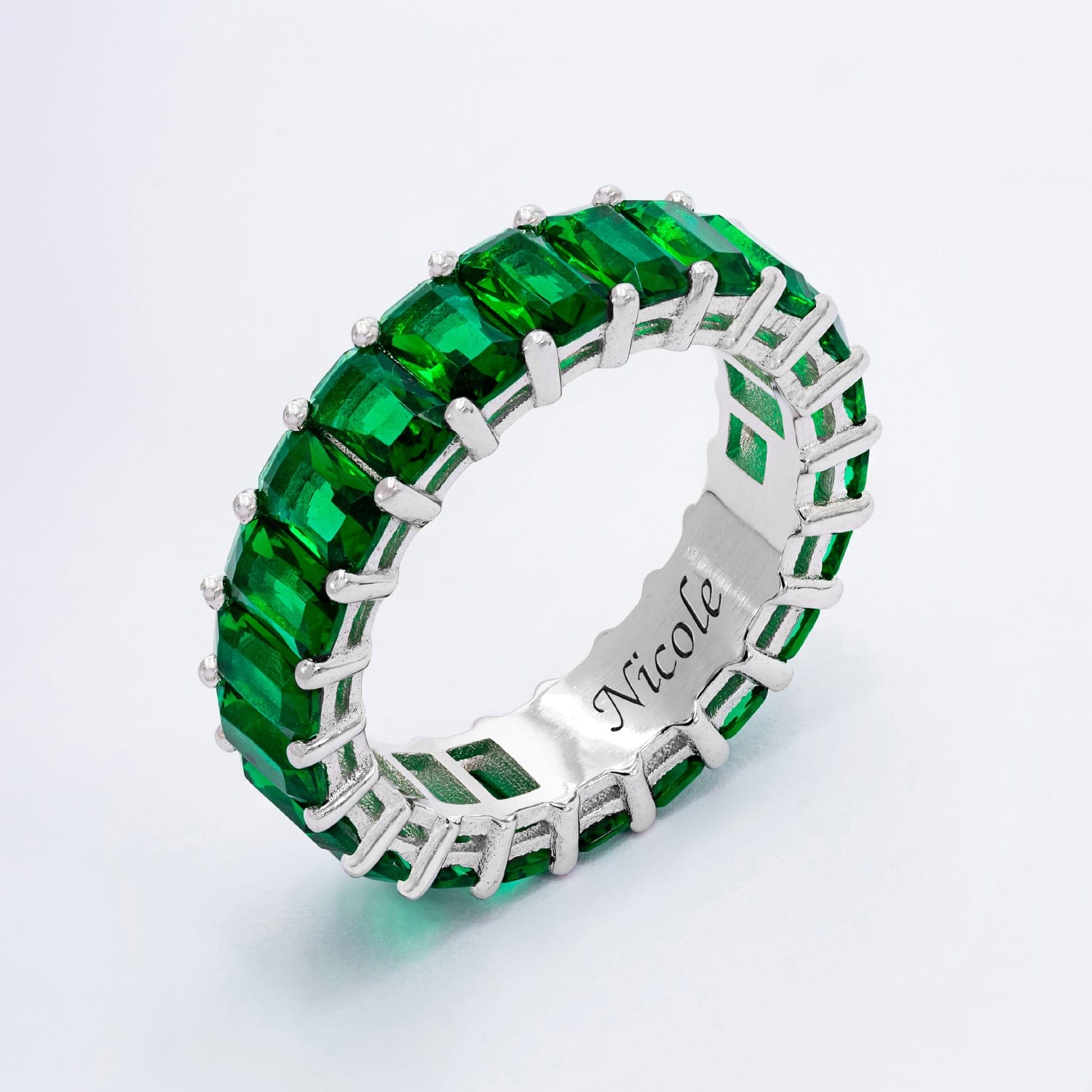 Sterling Silver / Green Stones / Engraved Ring Green Engraved Personalized Cubic Zirconia Ring