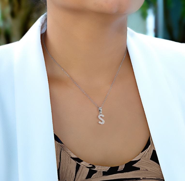 Sterling Silver Initial Necklace &amp; Stud Earrings Set with CZ accent