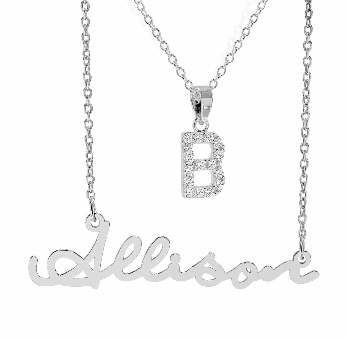 Sterling Silver / Initial with Link Chain Script Name Necklace With FREE Zirconia Initial Pendant