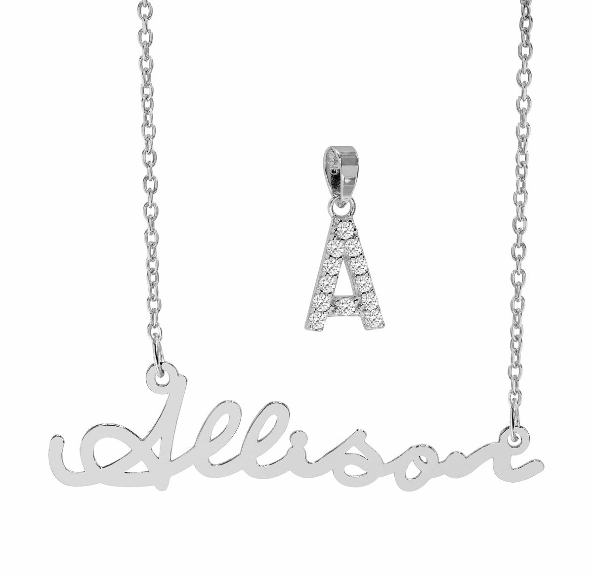 Sterling Silver / Initial without Chain Script Name Necklace With FREE Zirconia Initial Pendant