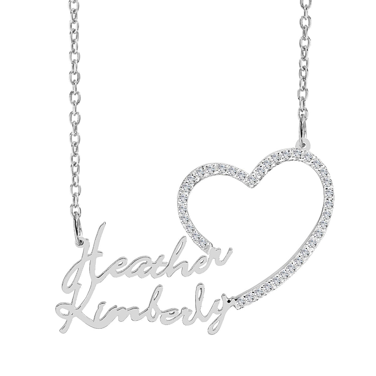 Sterling Silver / Link Chain Copy of Single Plated Nameplate Necklace &quot;Heather&quot; with Stones Heart