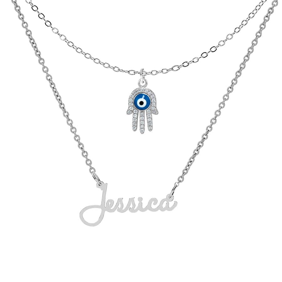 Sterling Silver / Link Chain Name Necklace with Hamsa