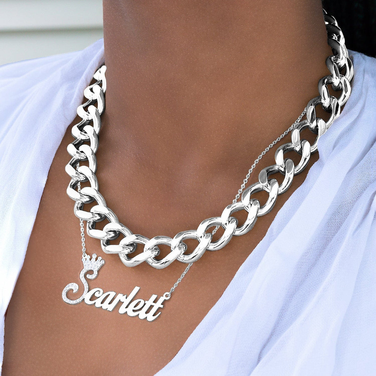 Sterling Silver / Link Chain Set of Iced Out Single Nameplate &quot;Scarlett&quot; with Stainless Steel Choker Chain