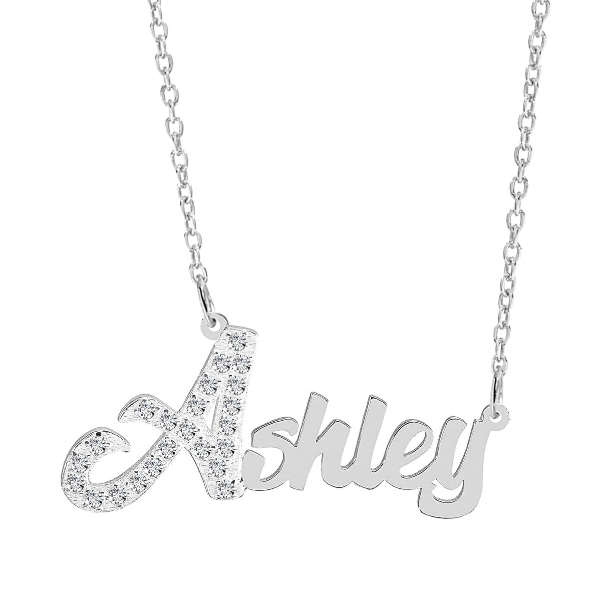 Sterling Silver / Link Chain Single Plated Nameplate Necklace &quot;Ashley&quot; with Stones