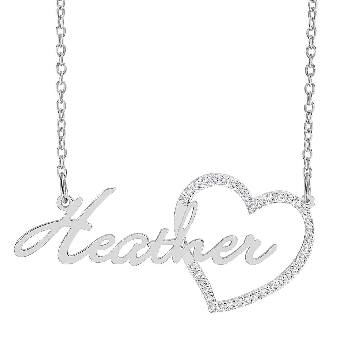 Sterling Silver / Link Chain Single Plated Nameplate Necklace &quot;Heather&quot; with Stones Heart