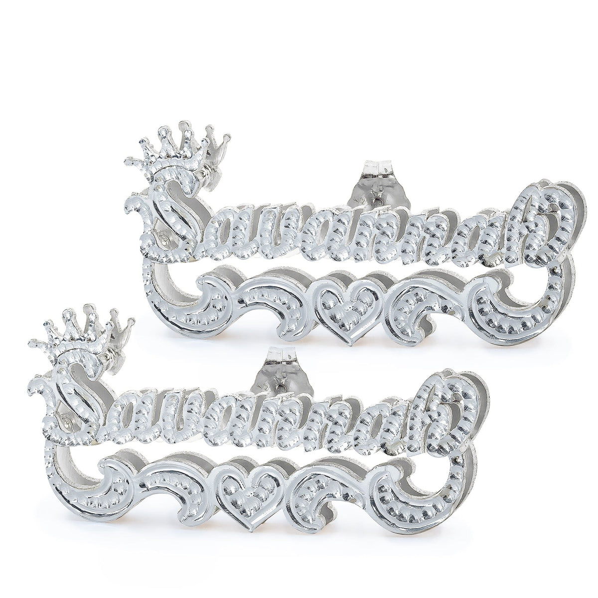 Sterling Silver Name Stud Earrings with Crown and Beaded Finish