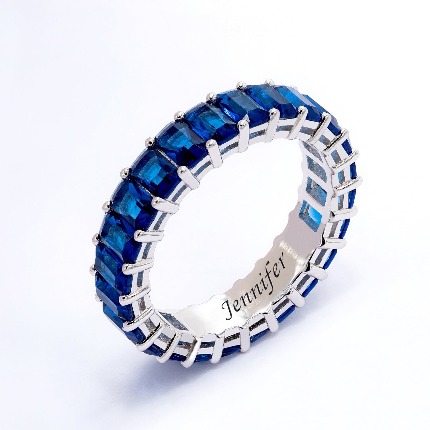 Sterling Silver / Navy Blue Stones / Engraved Ring Navy Blue Engraved Personalized Cubic Zirconia Ring