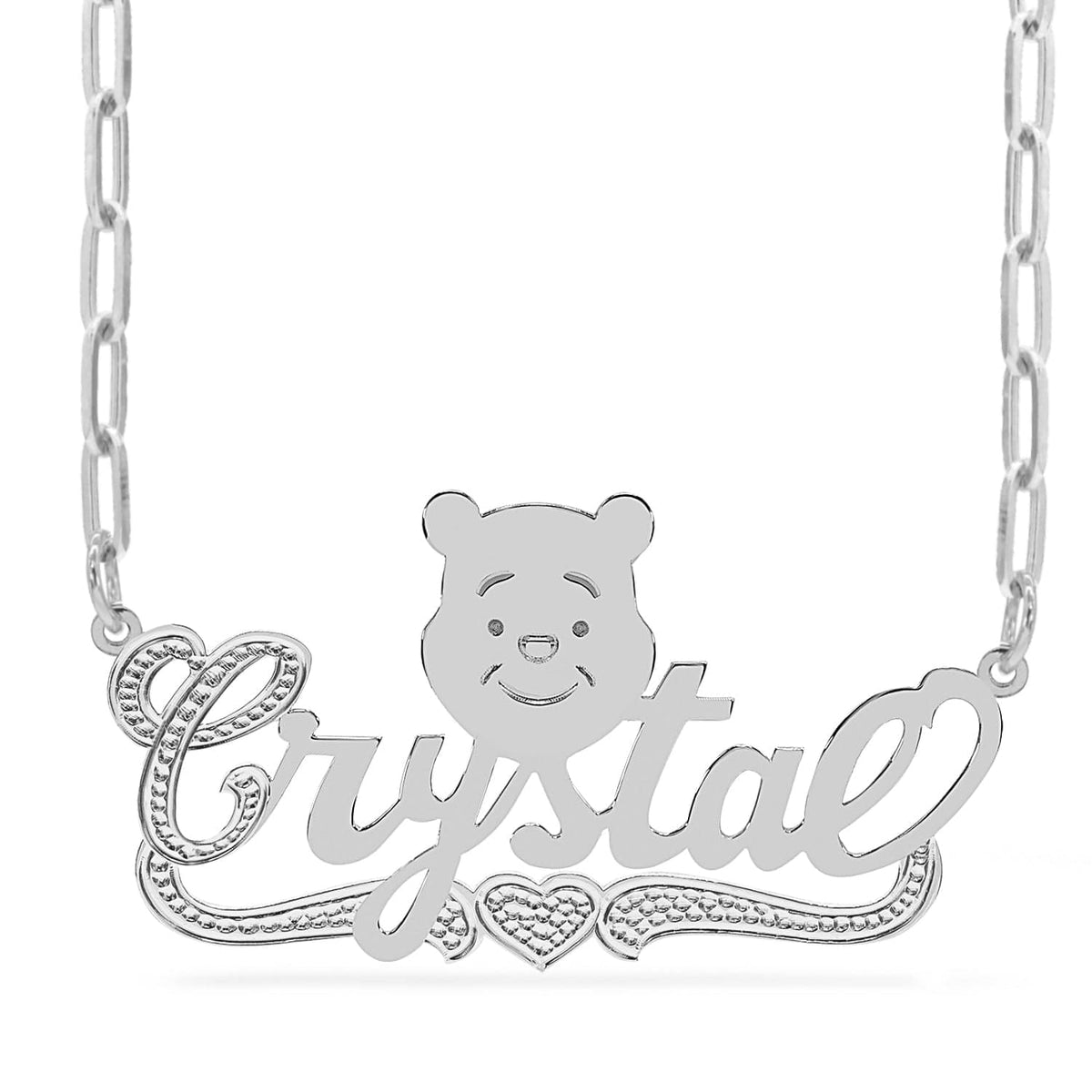 Sterling Silver / Paper Clip Chain Cartoon Nameplate Necklace &quot;Crystal&quot;