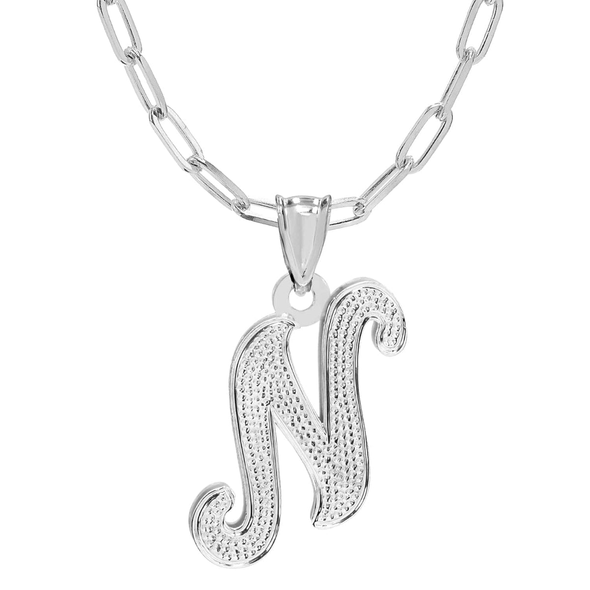 Sterling Silver / Paper Clip Chain Initial Necklace - Double Plated with Beaded Finish
