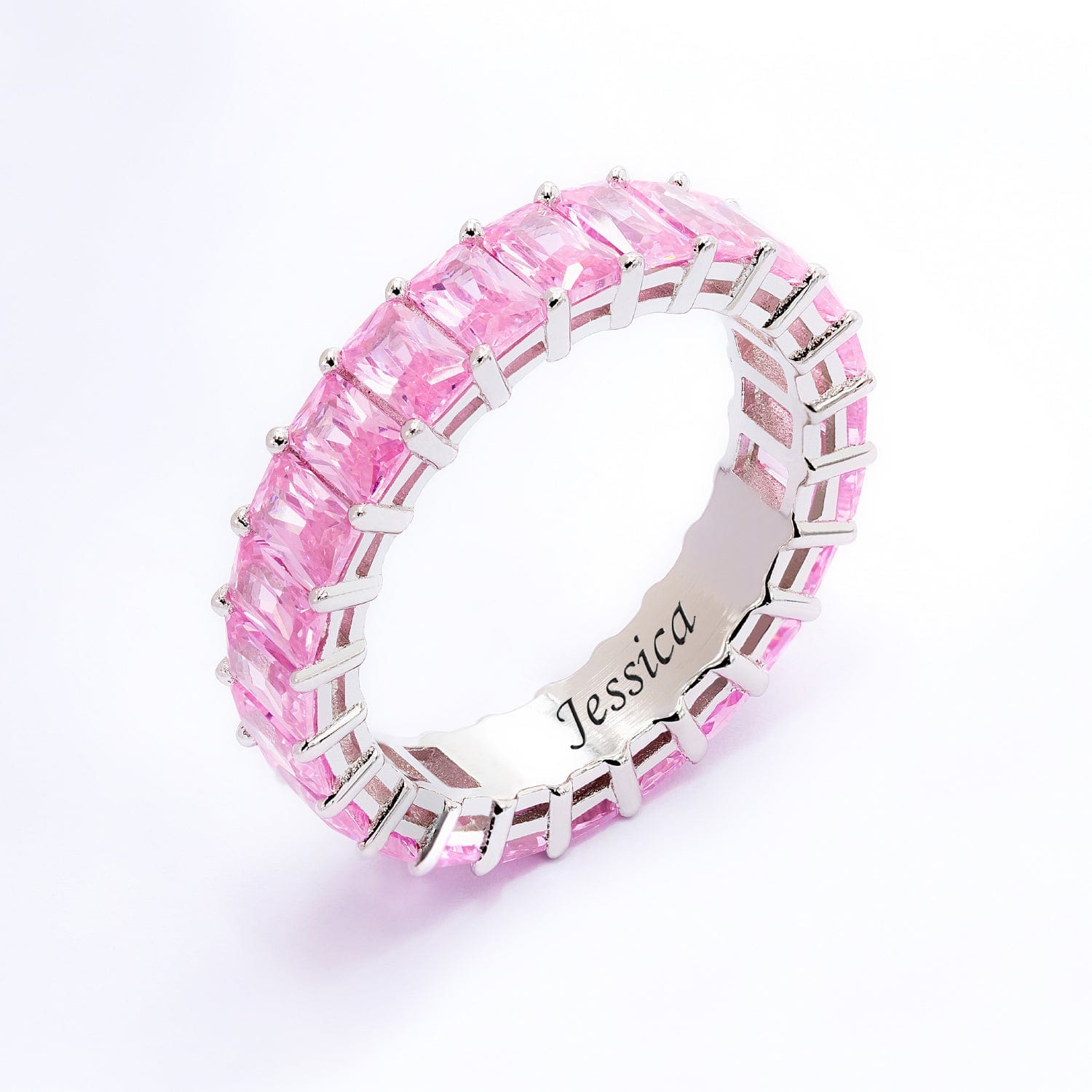 Sterling Silver / Pink Stones / Engraved Ring Pink Engraved Personalized Cubic Zirconia Ring