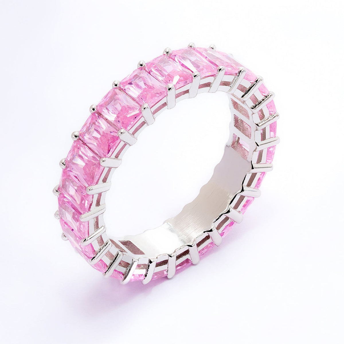 Sterling Silver / Pink Stones / No Engraving Pink Engraved Personalized Cubic Zirconia Ring