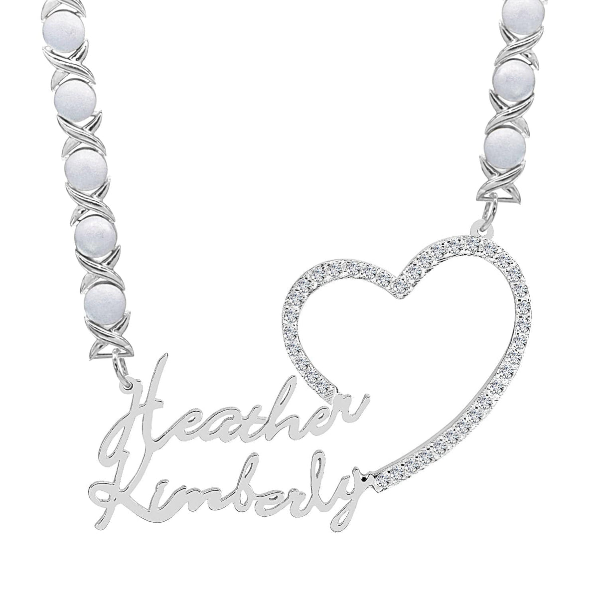 Sterling Silver / Rhodium Xoxo Chain Copy of Single Plated Nameplate Necklace &quot;Heather&quot; with Stones Heart