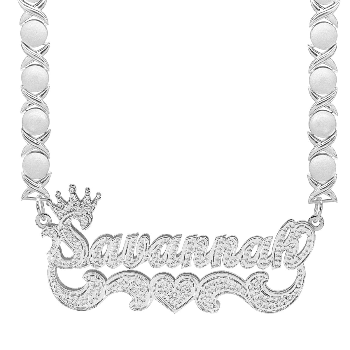 Sterling Silver / Rhodium Xoxo Chain Crown Double Plated Name Necklace &quot;Savannah&quot; with Rhodium Xoxo Chain