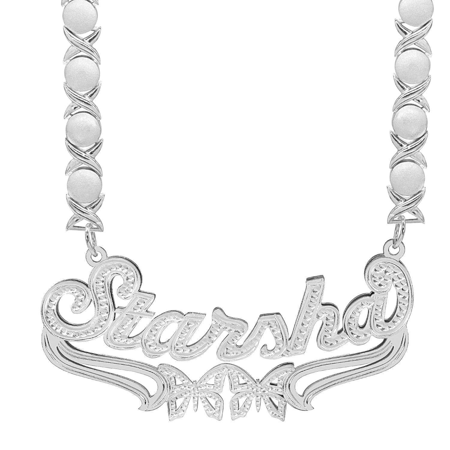 Two-Tone. Sterling Silver / Rhodium Xoxo Chain Custom Double Plated Name Necklace "Starsha" with Rhodium Xoxo Chain