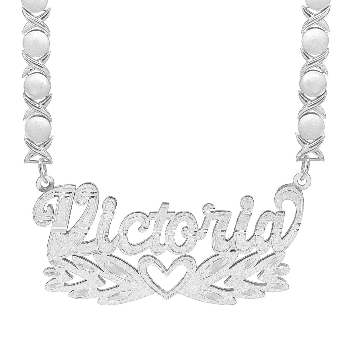 Sterling Silver / Rhodium Xoxo Chain Double Nameplate Necklace &quot;Victoria&quot; with Rhodium Xoxo Chain