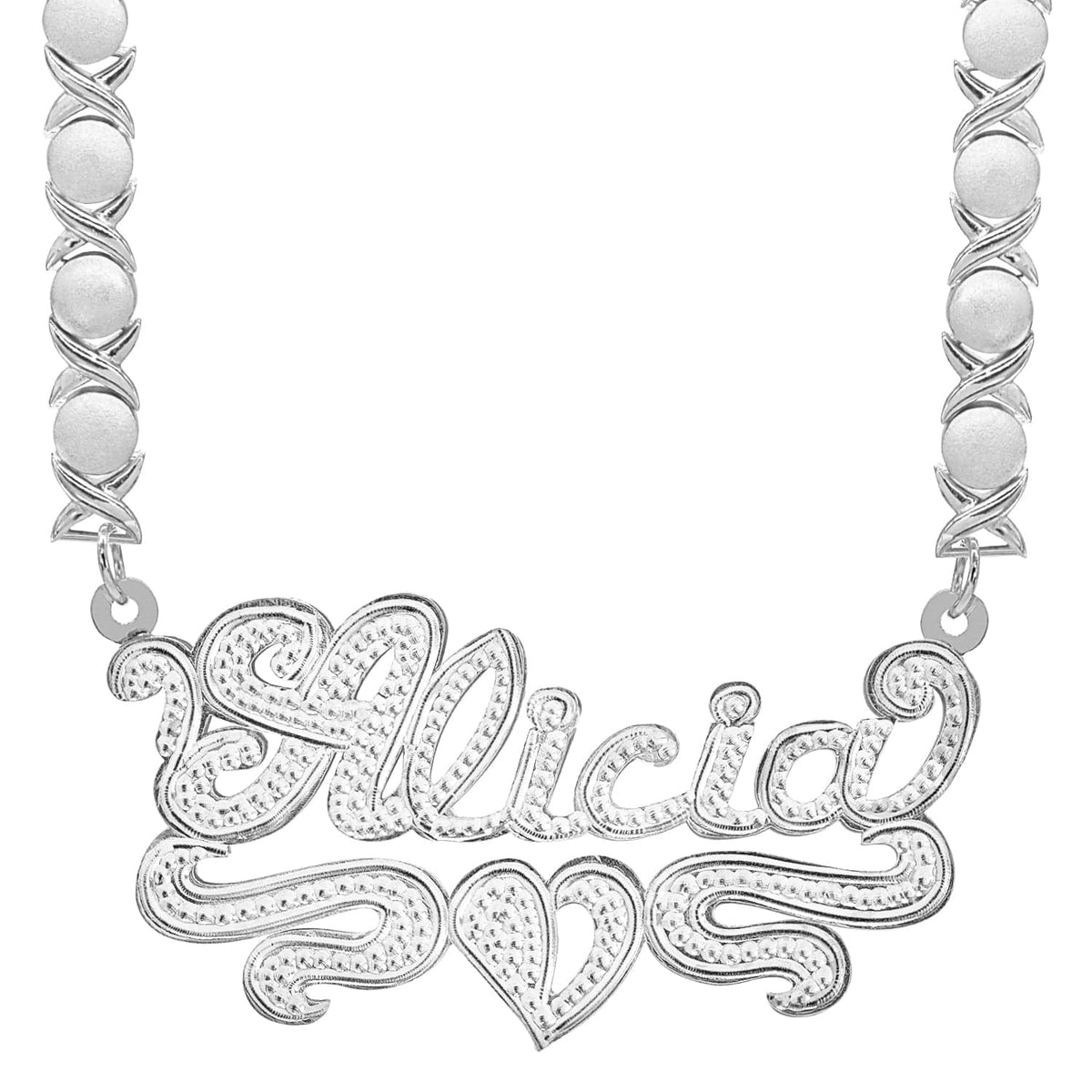 Sterling Silver / Rhodium Xoxo Chain Double Plated Name Necklace &quot;Alicia&quot; with Rhodium Xoxo