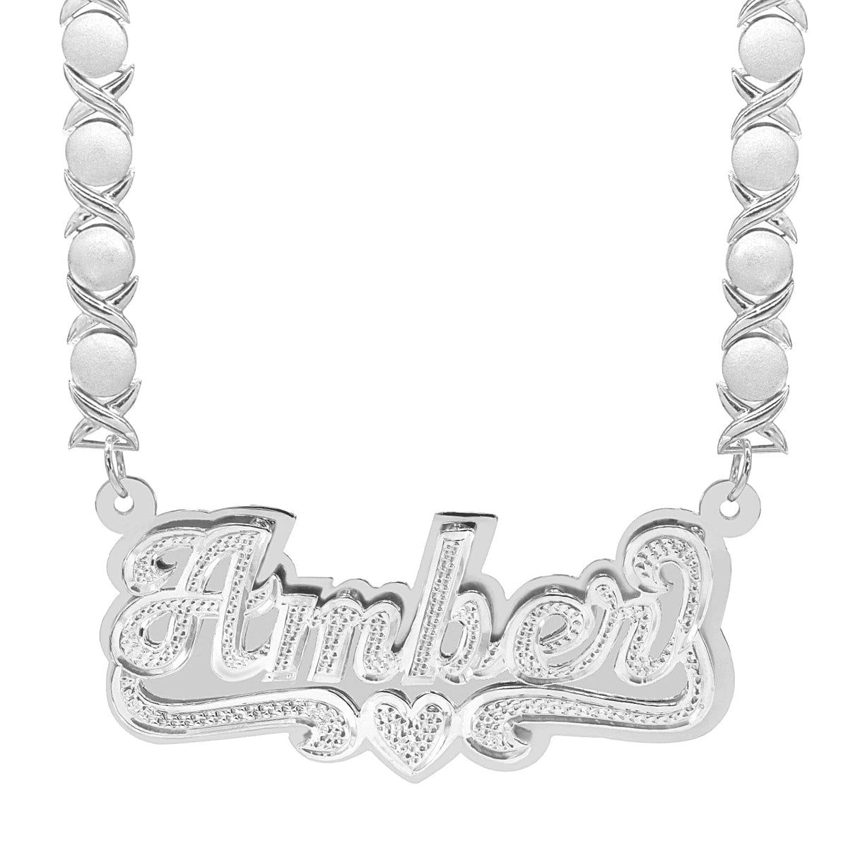 Sterling Silver / Rhodium Xoxo Chain Double Plated Name Necklace &quot;Amber&quot; with Rhodium Xoxo Chain