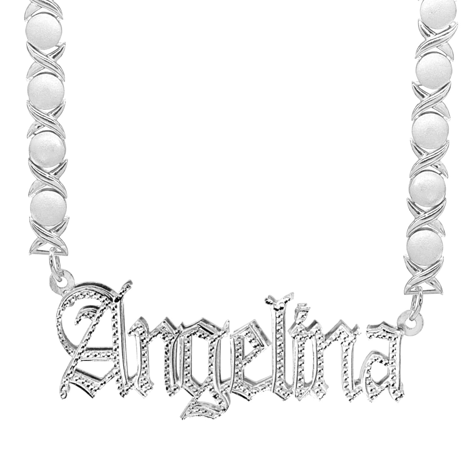 14K Gold over Sterling Silver / Rhodium Xoxo Chain Double Plated Name Necklace "Angelina" with Rhodium Xoxo Chain