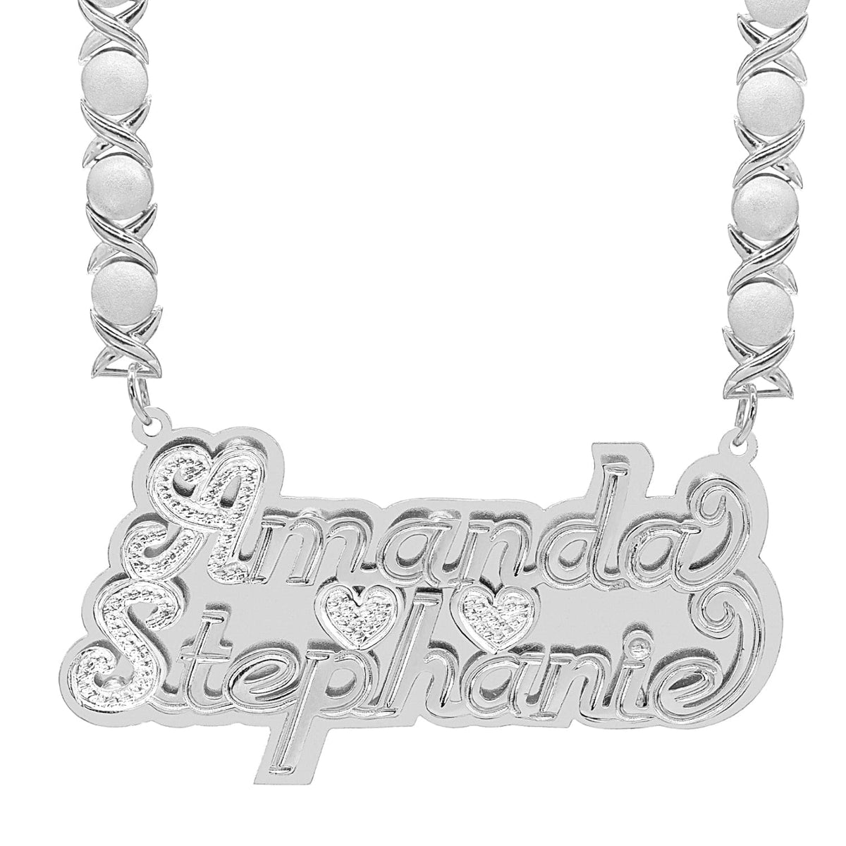 Sterling Silver / Rhodium Xoxo Chain Double Plated Nameplate Necklace &quot;Couples&quot; with Rhodium Xoxo Chain