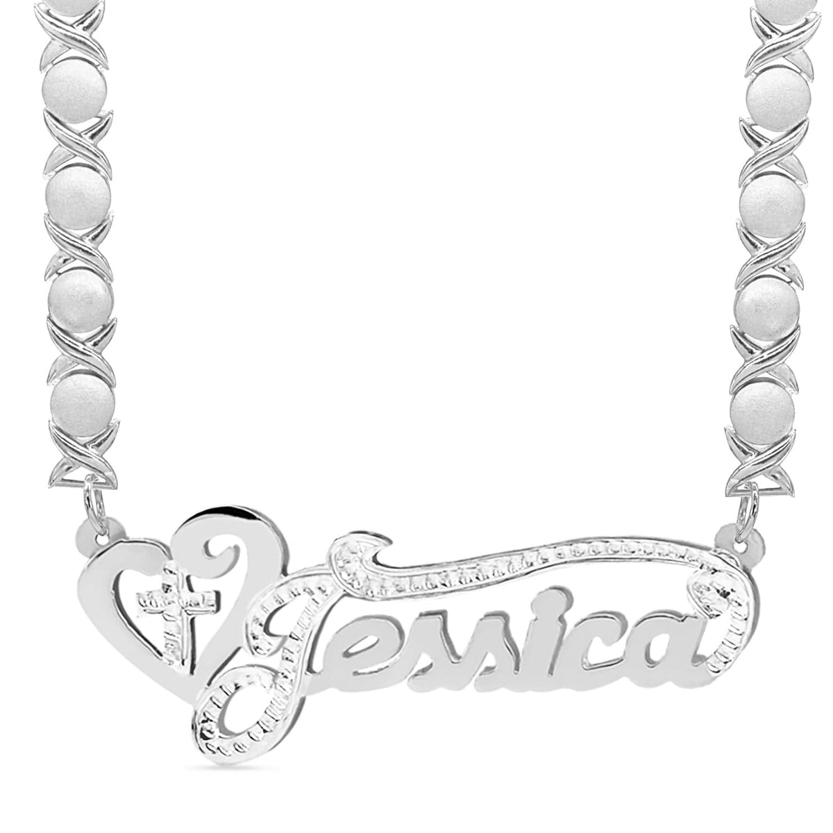 Sterling Silver / Rhodium Xoxo Chain Double Plated Nameplate Necklace &quot;Jessica&quot; with Rhodium Xoxo chain