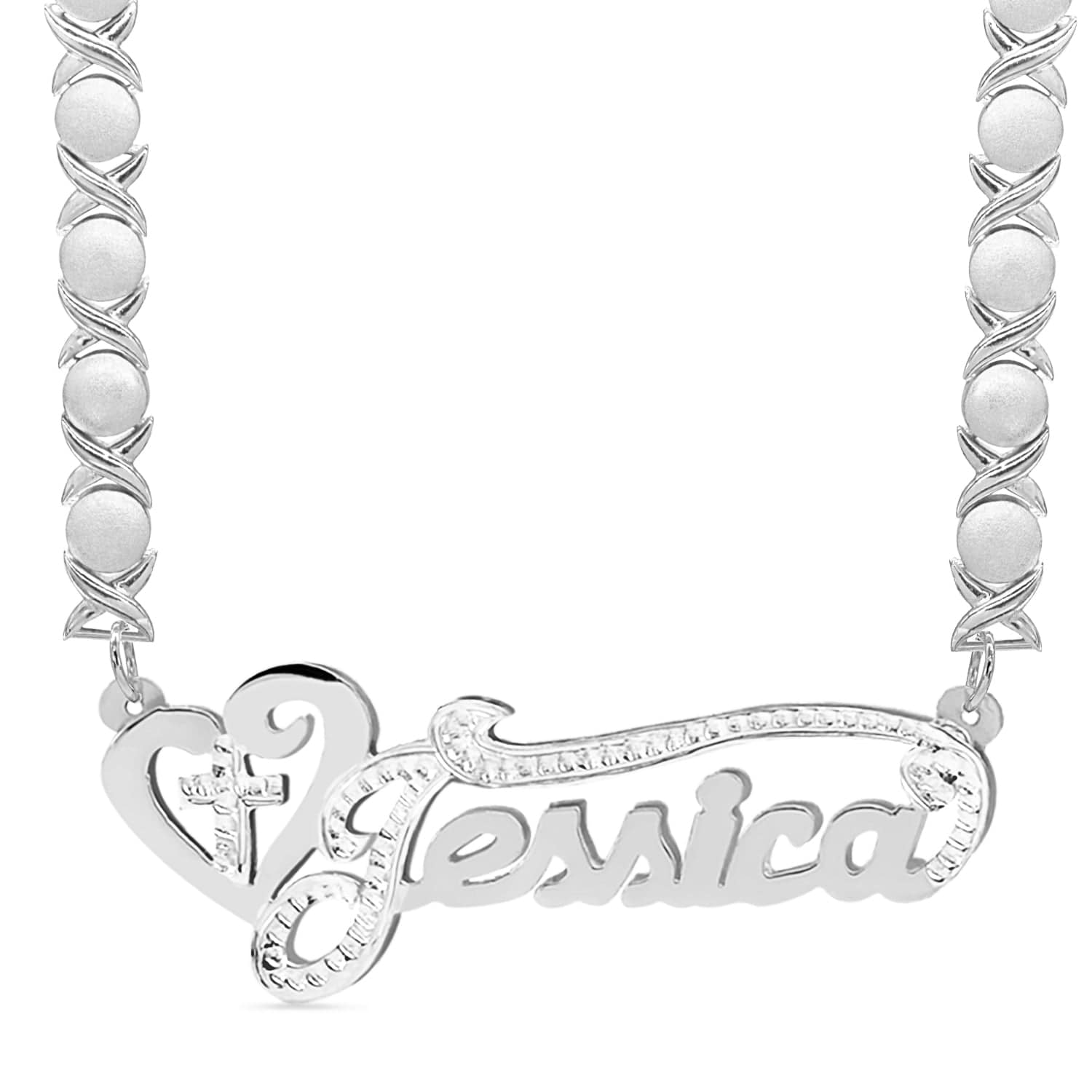 14k Gold over Sterling Silver / Rhodium Xoxo Chain Double Plated Nameplate Necklace "Jessica" with Rhodium Xoxo chain