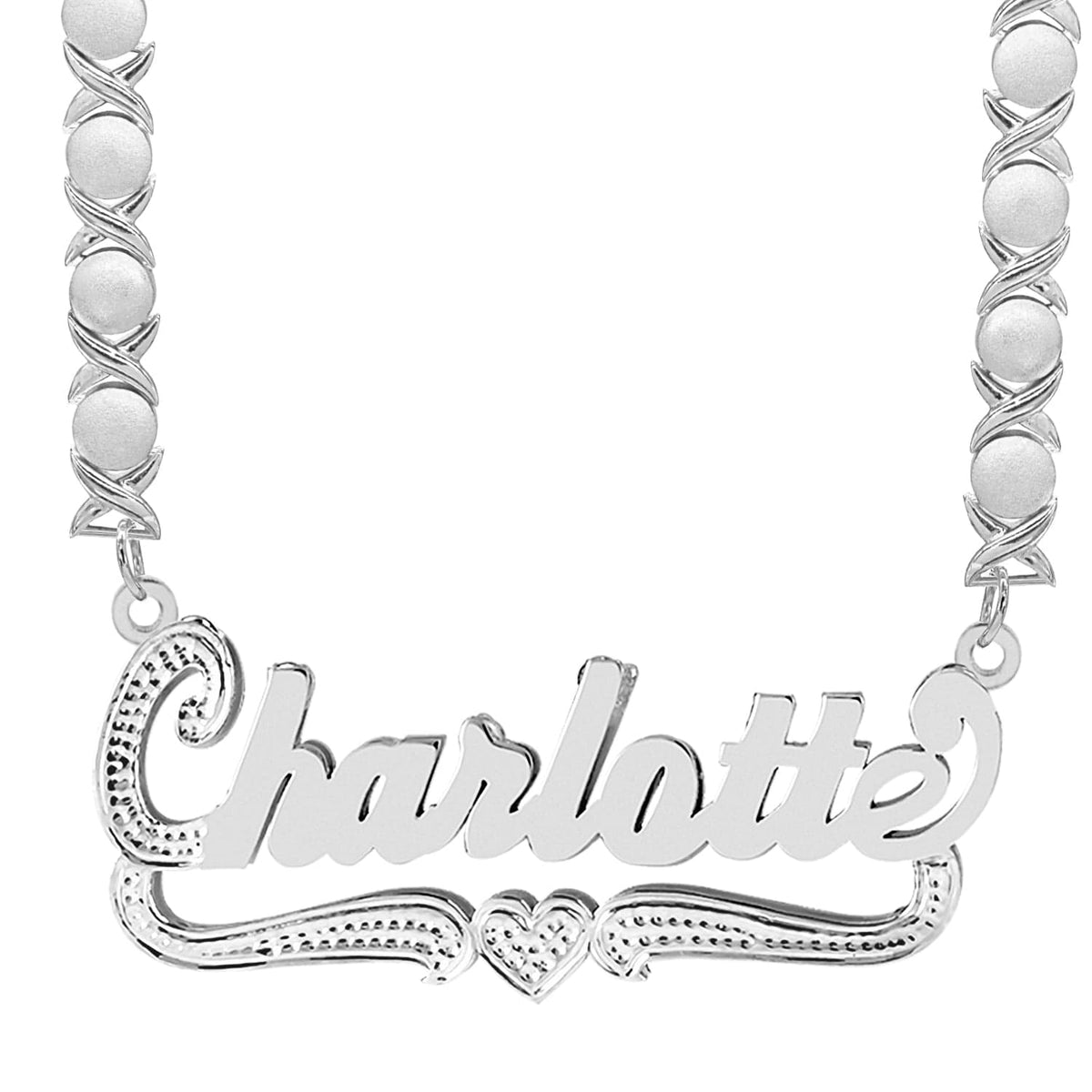 Sterling Silver / Rhodium Xoxo Chain Double Script Name Plate With Beading &quot;Charlotte&quot;