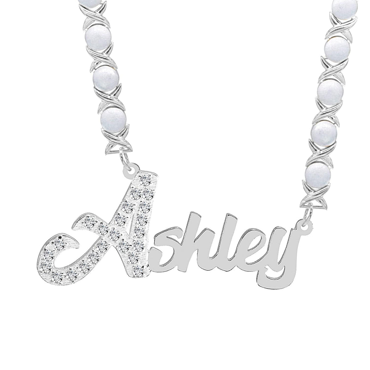 Sterling Silver / Rhodium Xoxo Chain Single Plated Nameplate Necklace &quot;Ashley&quot; with Stones