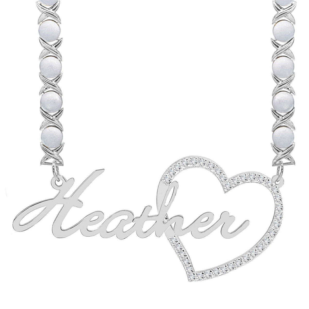 Sterling Silver / Rhodium Xoxo Chain Single Plated Nameplate Necklace &quot;Heather&quot; with Stones Heart