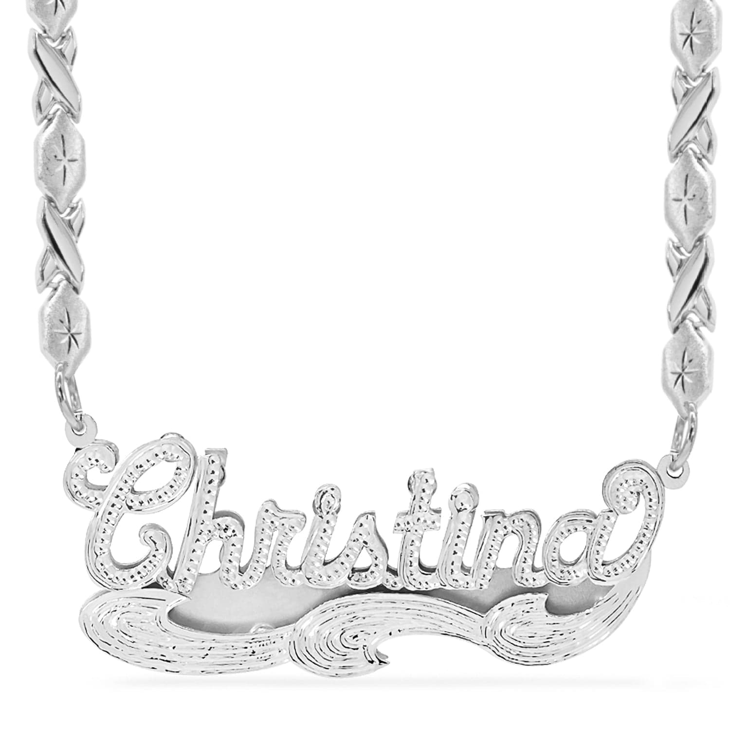 Two-Tone. Sterling Silver / Xoxo Chain Double Name Necklace w/Beading "Christina" with Xoxo chain