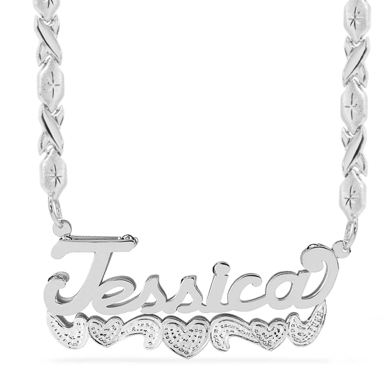 Two-Tone. Sterling Silver / Xoxo Chain Double Name Necklace w/Beading-Rhodium with Xoxo chain