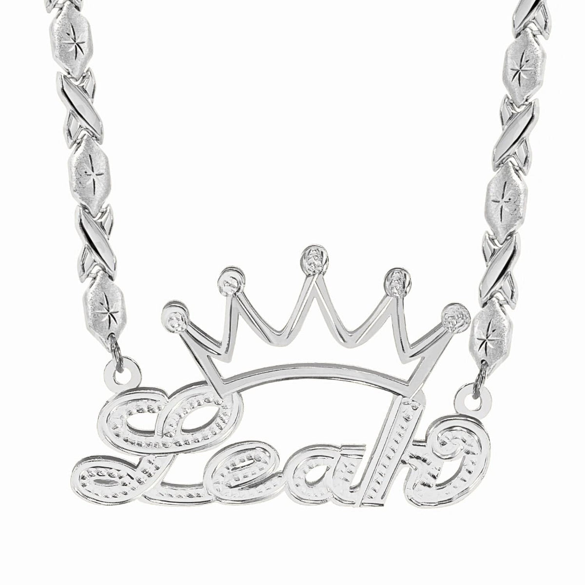 Sterling Silver / Xoxo Chain Double Nameplate Necklace with Crown &quot;Leah&quot; with Xoxo chain