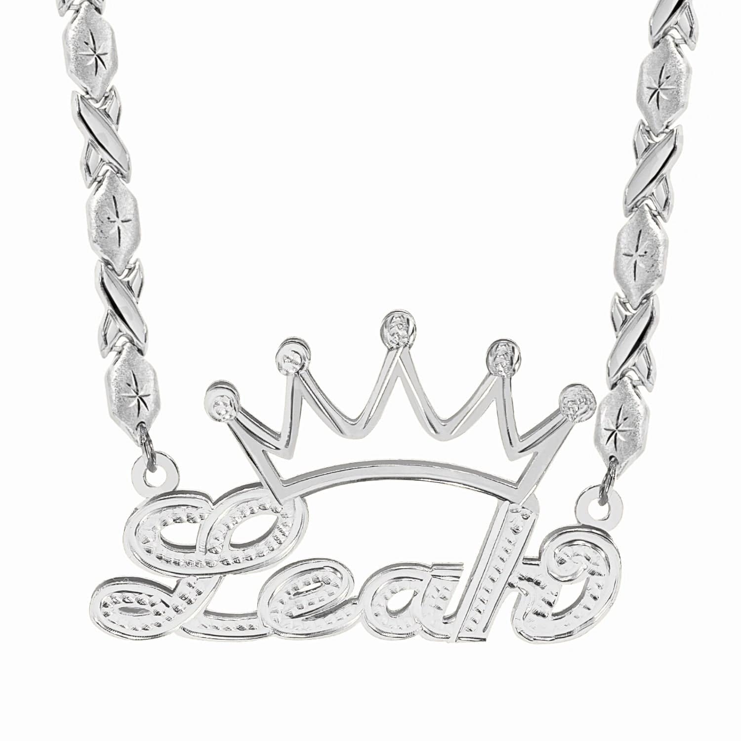 Two-Tone. Sterling Silver / Xoxo Chain Double Nameplate Necklace with Crown "Leah" with Xoxo chain