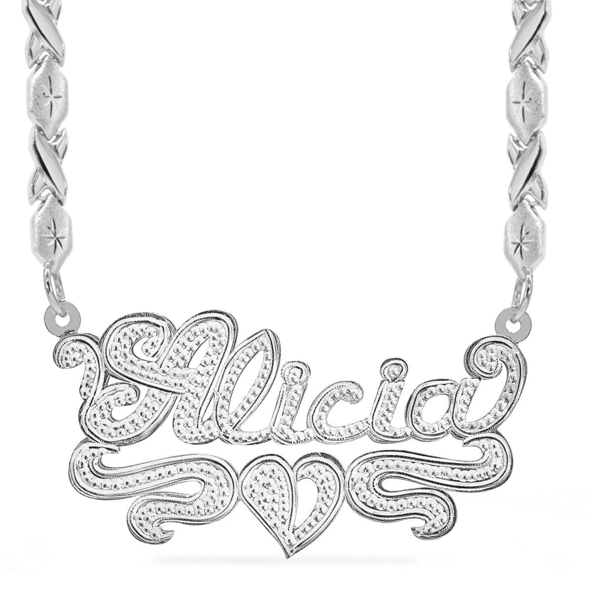 Sterling Silver / Xoxo Chain Rhodium Beaded &quot;Double&quot; Nameplate