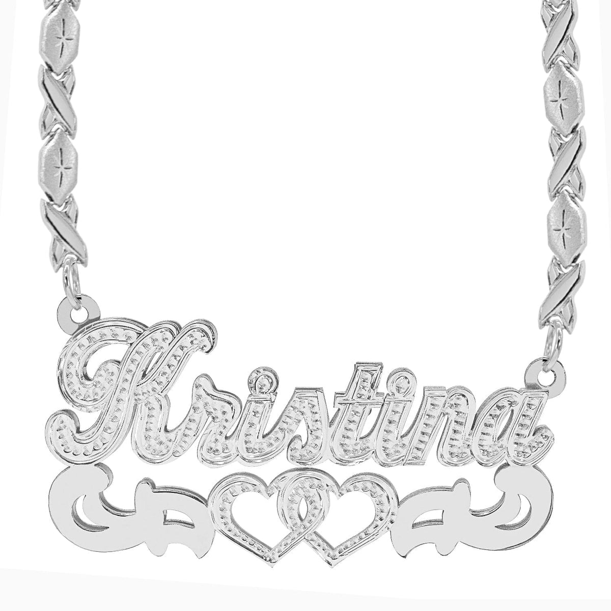 Sterling Silver / Xoxo Chain Rhodium Beaded &quot;Double&quot; Nameplate