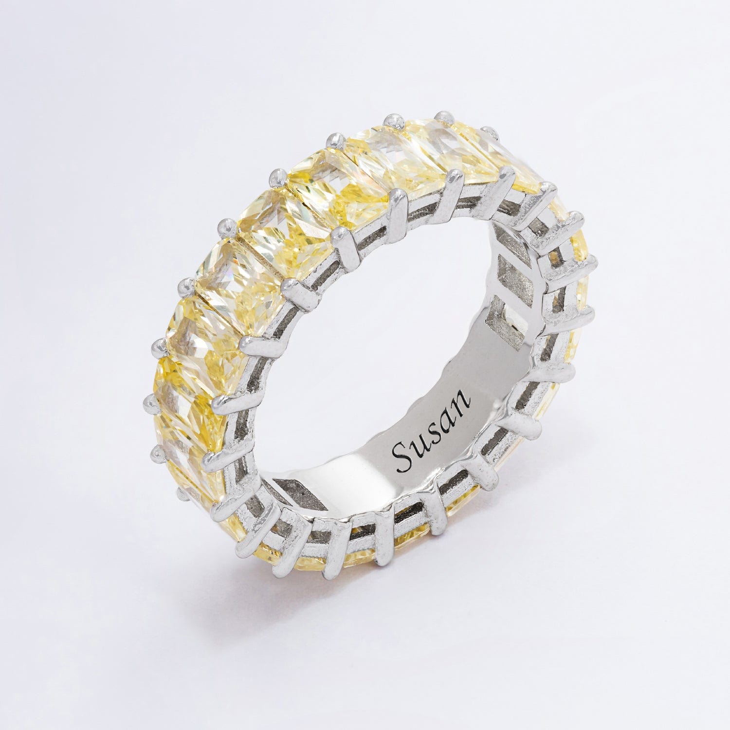 Sterling Silver / Yellow Stones / Engraved Ring Yellow Engraved Personalized Cubic Zirconia Ring
