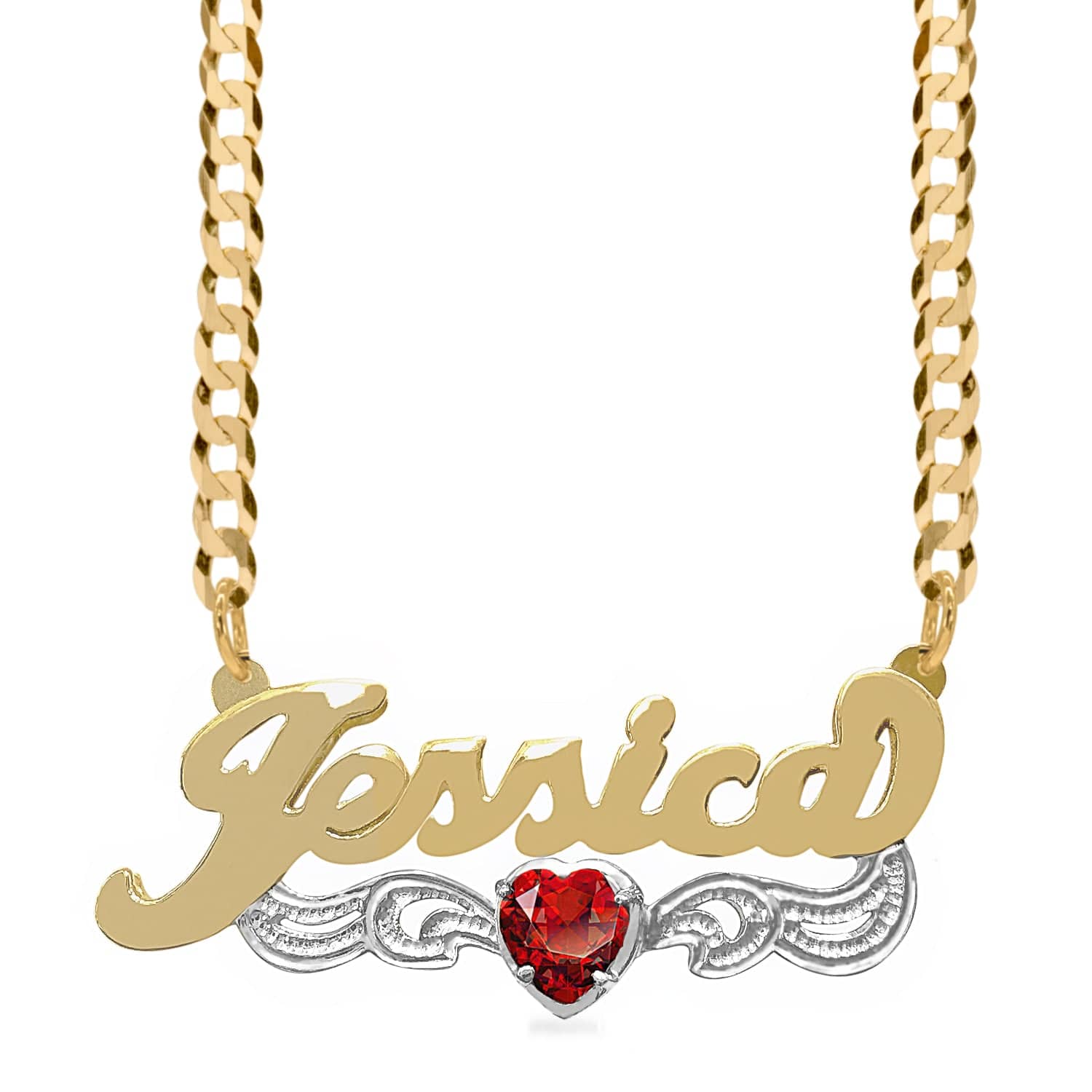 Two-Tone. Sterling Silver / Cuban Chain Birthstone Heart Rhodium Beaded "Double" Nameplate