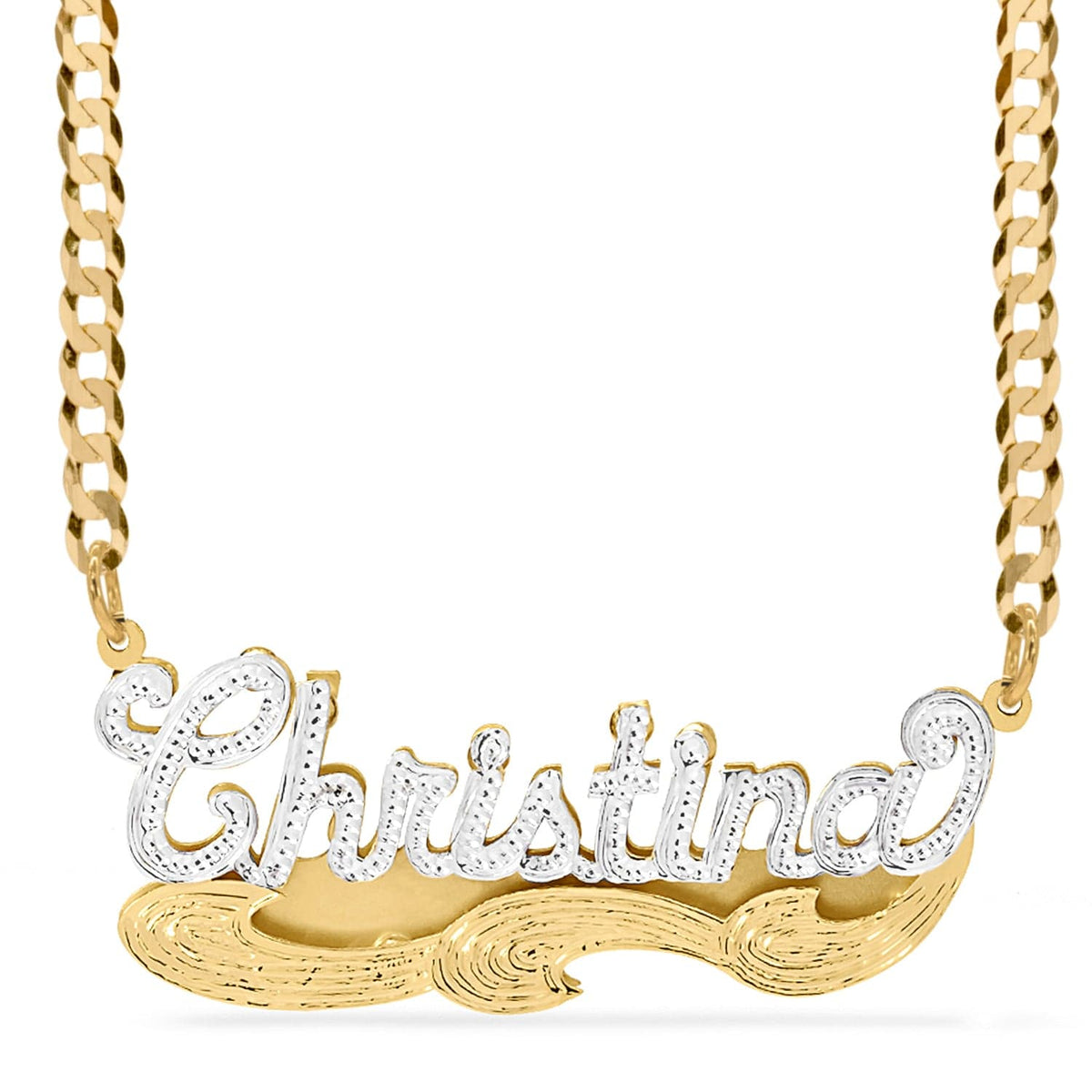 Two-Tone. Sterling Silver / Cuban Chain Double Name Necklace w/Beading &quot;Christina&quot; with Cuban chain